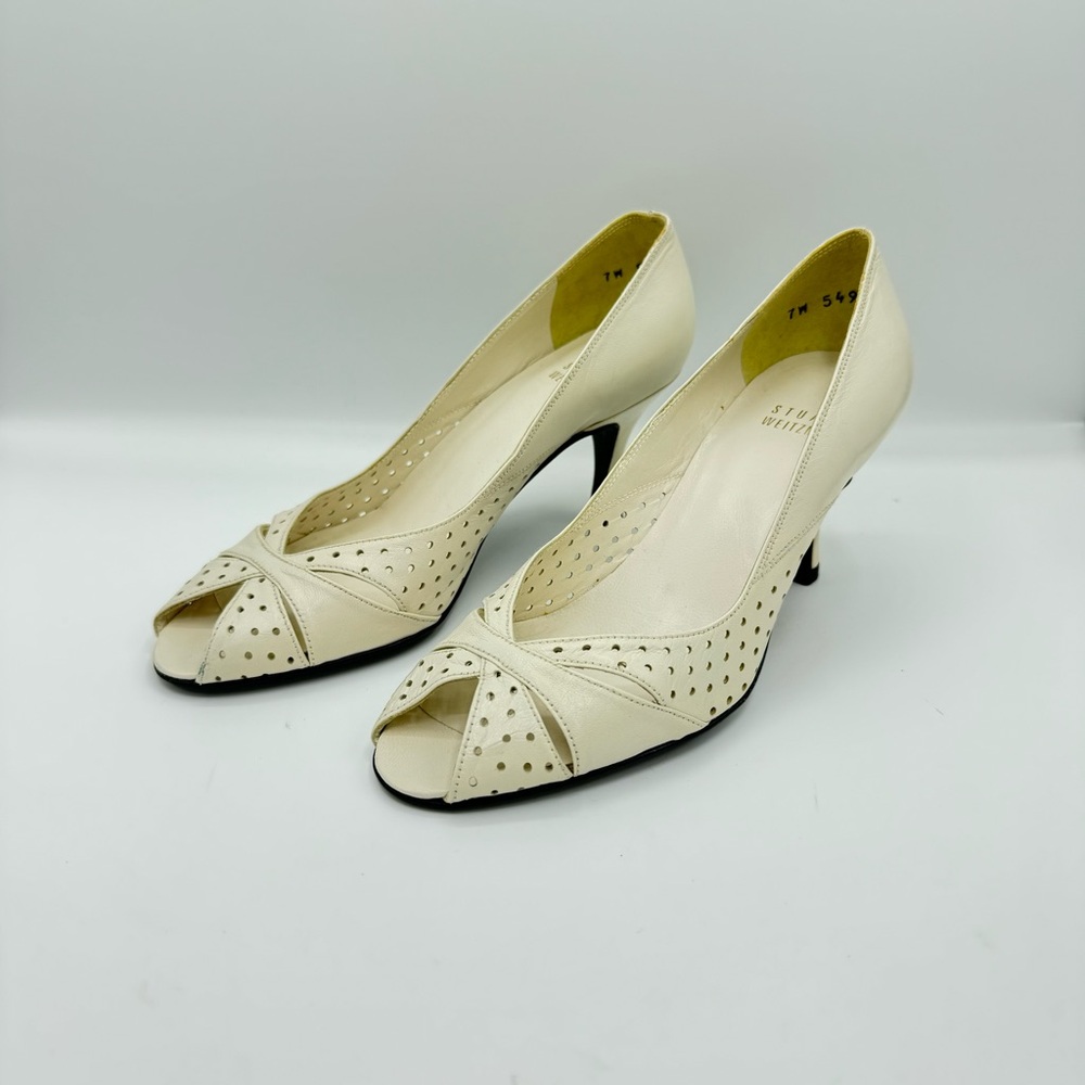 Stuart Weitzman Leather Cream White Peep Toe Pumps Shoes